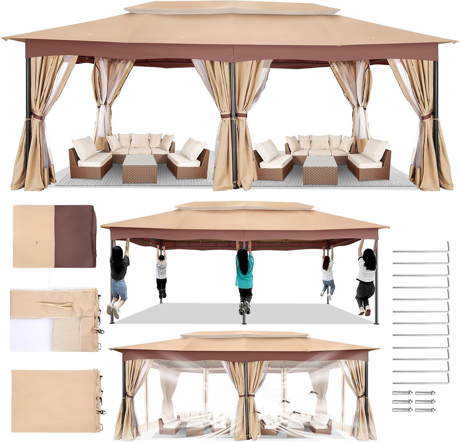 HOTEEL Gazebo 12x20 Heavy Duty Gazebo with Curtain and Netting Outdoor Gazebo Double Roof Patio Gazebo with Metal Steel Frame Gazebo Tent for Party, Gathering (Khaki, Flat Top, Curtain & Netting)