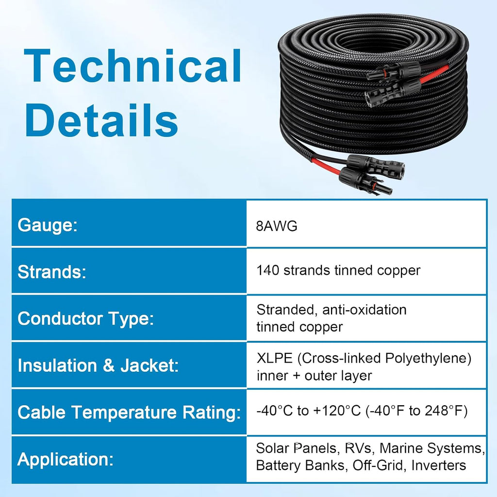 XRDS -RF Solar Cable 100FT, 8AWG Solar Extension Cable with Male & Female Solar Connectors, Flame-Retardant Protective Sleeving Solar Panel Cable, Weatherproof PV Wire for Solar Panel Connection