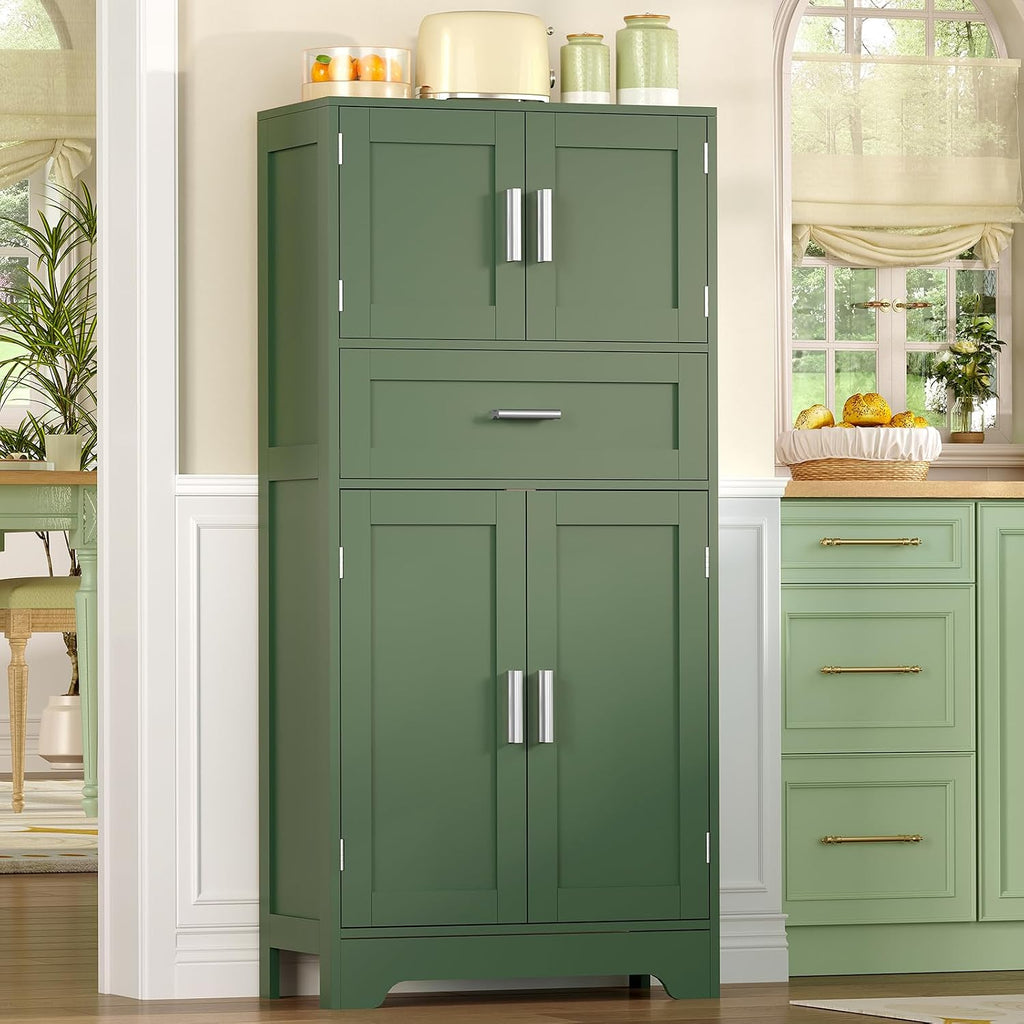 TEENFON Bathroom Floor Storage Cabinet with Adjustable Shelf, Freestanding Storage Cabinet with 4 Doors, Cupboard for Living Room, Home Office, Entryway, Forest Green
