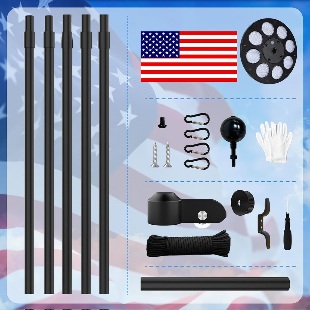 MXQMKL 20FT Heavy Duty Solar Flag Pole Kit,12 Gauge Flag Pole for Outside House Thick Aluminum Flagpole with 136 LED Light & 3x5 American Flag for Outside Ip67 Waterproof,Black