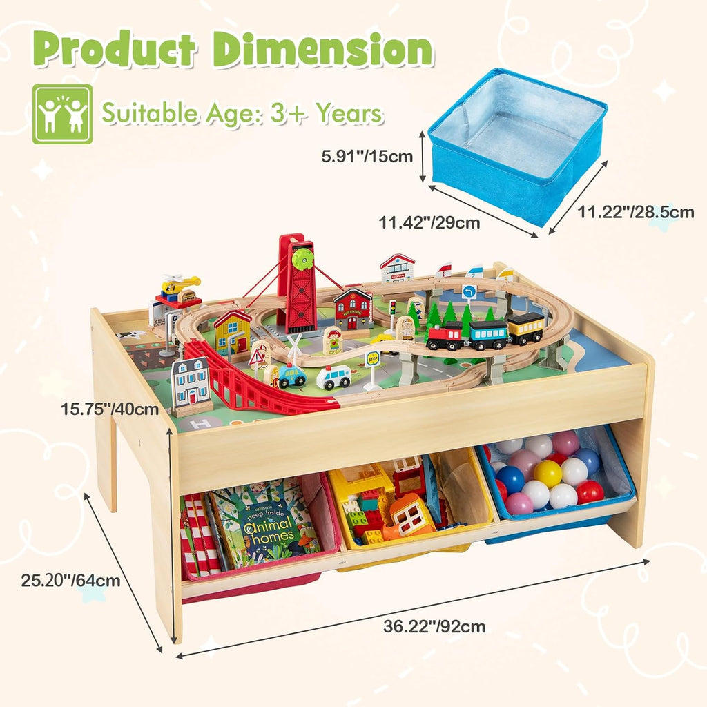 INFANS Train Table with Storage, 94 Pieces Wooden Kids Activity Toy Table Playset with 3 Foldable Boxes Reversible Detachable Tabletop, Tracks, Train, Railway, Gift for Toddler Boys Girls Ages 3+