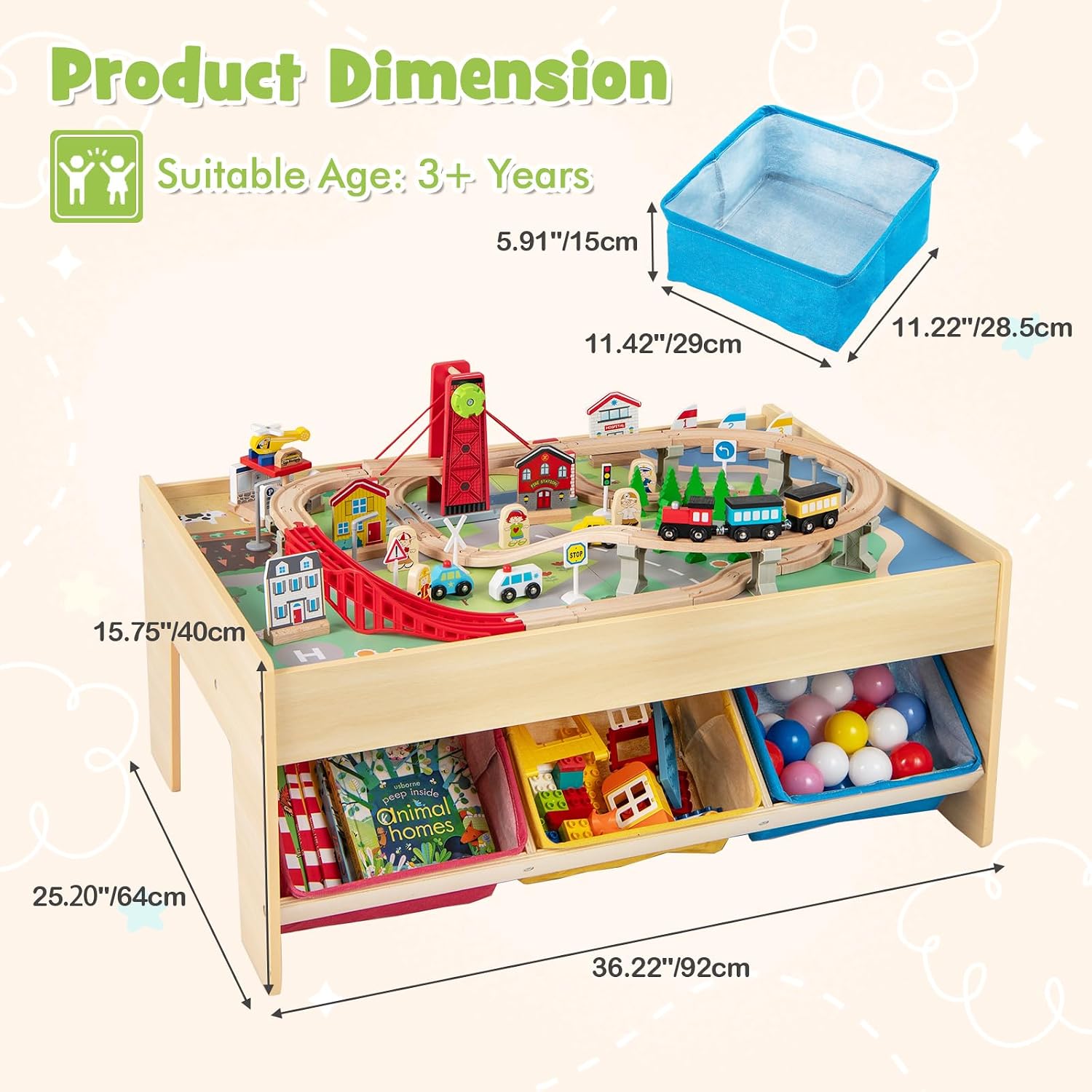 INFANS Train Table with Storage, 94 Pieces Wooden Kids Activity Toy Table Playset with 3 Foldable Boxes Reversible Detachable Tabletop, Tracks, Train, Railway, Gift for Toddler Boys Girls Ages 3+