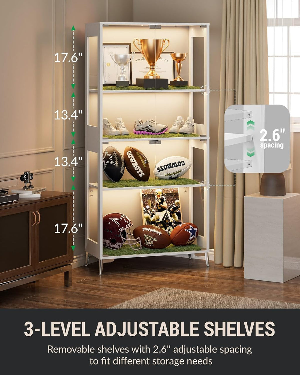 Glass Display Cabinet with Doors, 4-Tier Storage & Display Case with Adjustable Shelves, RGB LED Lights with APP & Remote Control, Metal Base Curio Cabinet for Collectibles & Living Room Furniture