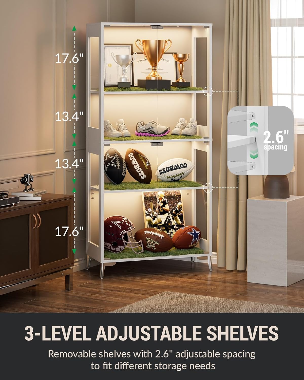 Glass Display Cabinet with Doors, 4-Tier Storage & Display Case with Adjustable Shelves, RGB LED Lights with APP & Remote Control, Metal Base Curio Cabinet for Collectibles & Living Room Furniture