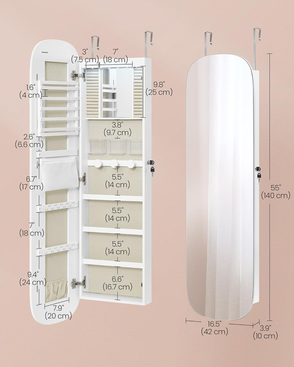 SONGMICS Jewelry Organizer, LED Jewelry Cabinet Wall/Door Mounted, Lockable Rounded Wide Mirror with Storage, Interior Mirror, 3.9 x 16.5 x 55 Inches, White Surface with Greige Lining