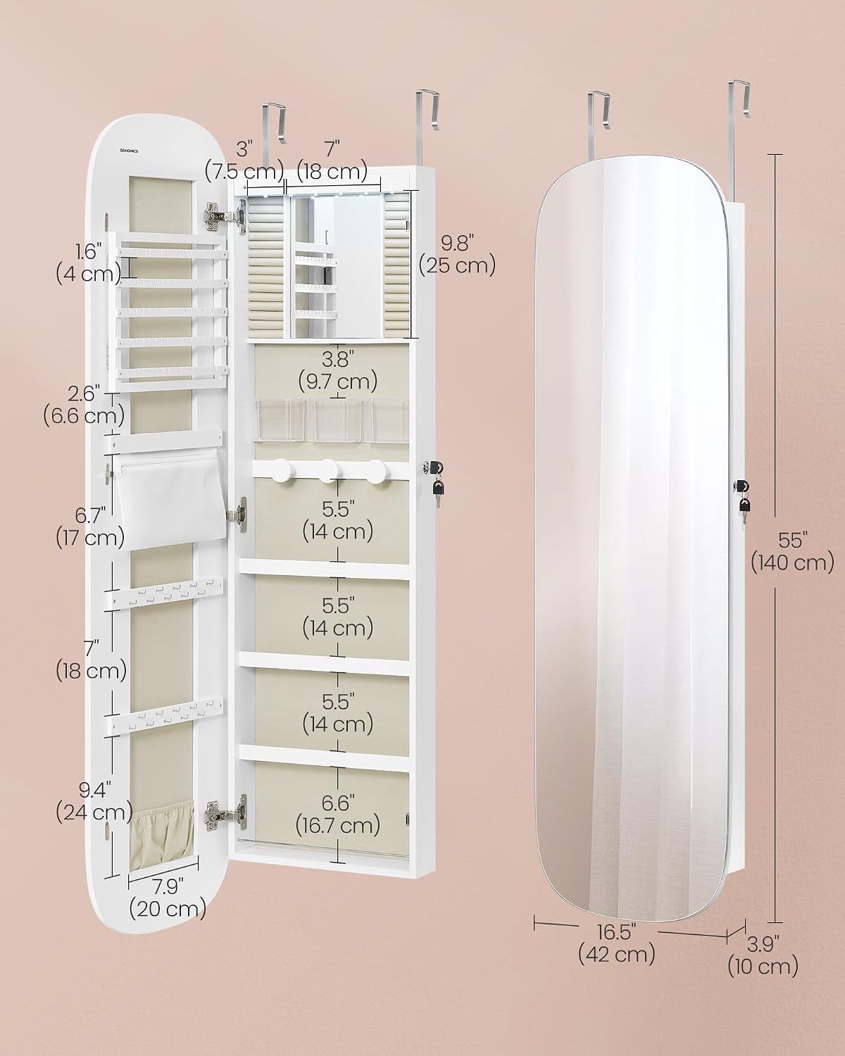 SONGMICS Jewelry Organizer, LED Jewelry Cabinet Wall/Door Mounted, Lockable Rounded Wide Mirror with Storage, Interior Mirror, 3.9 x 16.5 x 55 Inches, White Surface with Greige Lining