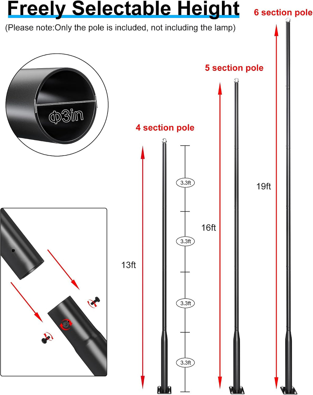 JAYNLT 19Ft Tall Street Light Pole -Heavy -Duty Metal Street Lamp Post for Solar Street Lights with Mounting Rebar Cage Base Accessory for Parking, Yard,Farm(Light not Included