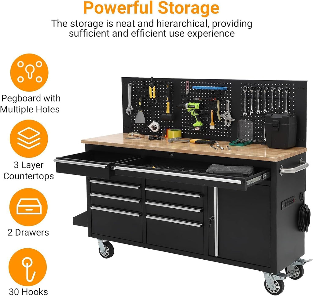 GarveeLife 61-Inch Rolling Tool Chest with 10 Drawers Garage Workbench, Solid Rubberwood Top, Storage Cabinet with Wheel Lock and Key Lock for Workshop, Garage, Kitchen and Home