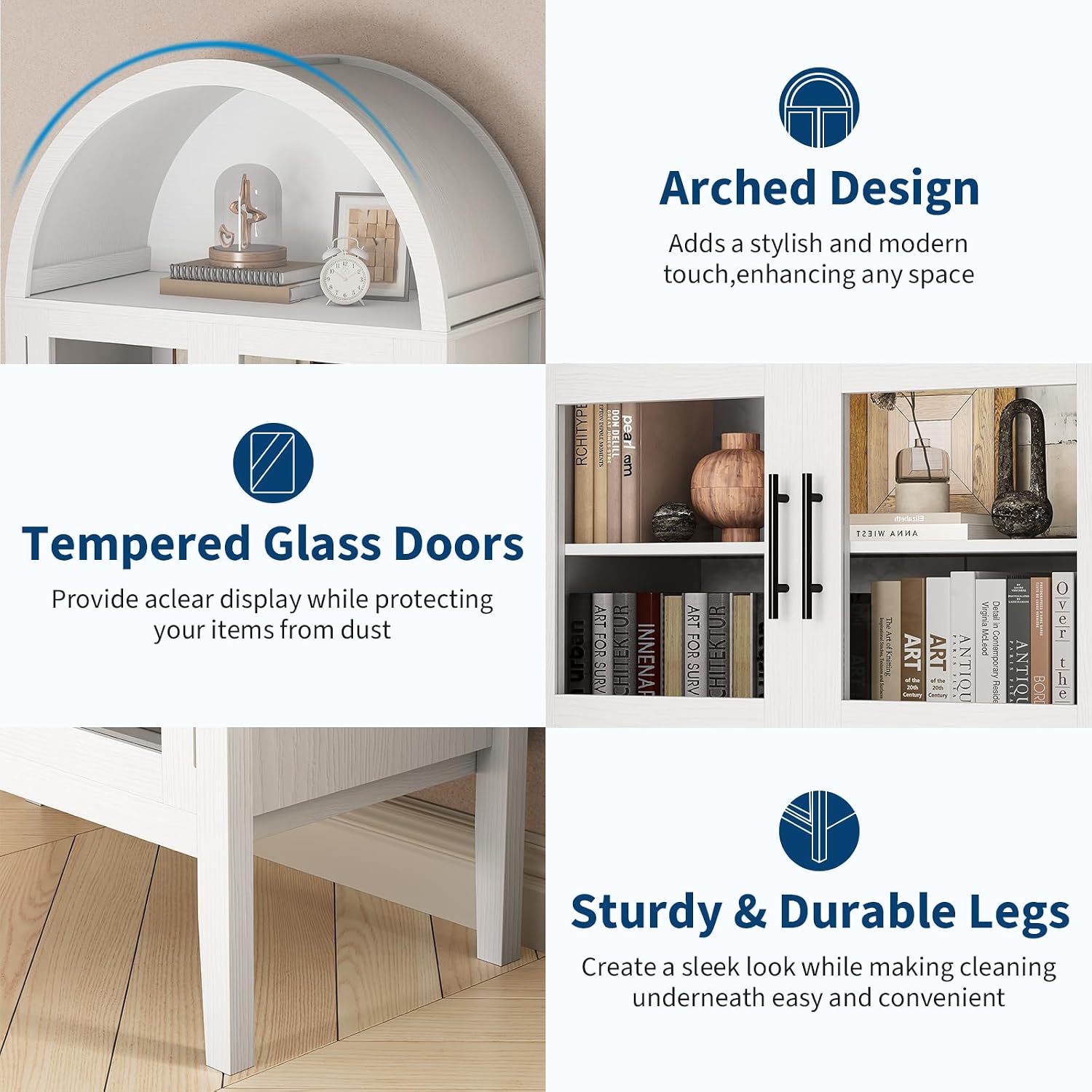70 in Tall Arched Kitchen Pantry Cabinet with LED Lights, Modern Wood Arched Bookshelf with Glass Doors & Adjustable Shelves, Elegant Display Cabinet for Kitchen, Dining Room, Living Room