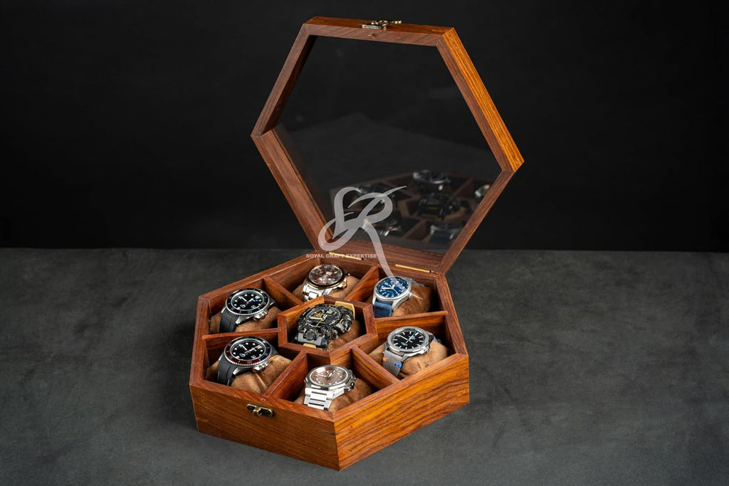 Premium 7-Slot Wooden Timepiece Display Case – Handcrafted Honeycomb Watch Box for Men in Superior Indian Rosewood | Hinged Glass Cover – Father's Day Gift – Luxury Built to Last