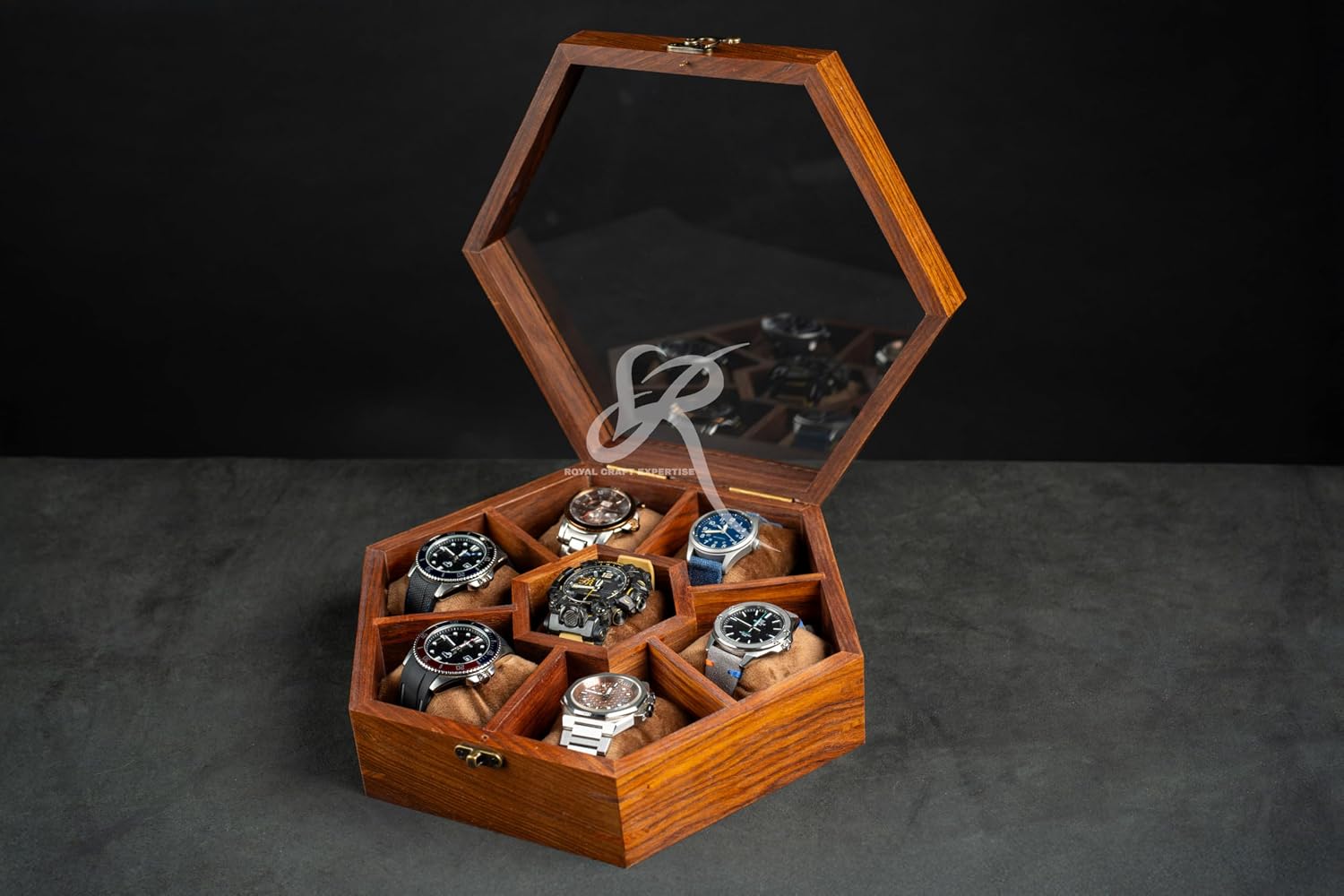 Premium 7-Slot Wooden Timepiece Display Case – Handcrafted Honeycomb Watch Box for Men in Superior Indian Rosewood | Hinged Glass Cover – Father's Day Gift – Luxury Built to Last