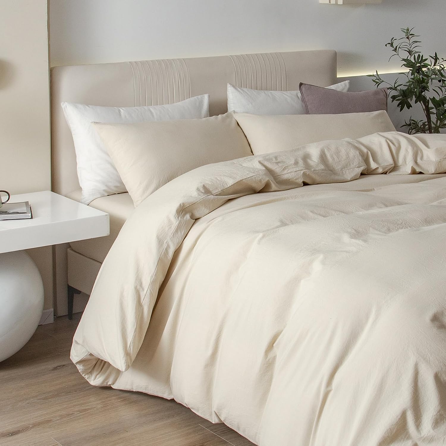 JIYUAN Super King Plus Duvet Cover Set, 3-Piece - 100% Washed Cotton, Linen-Like Soft & Breathable with Zipper Closure, Includes 120x120 Inch Cover & 2 Pillowcases, Heathered Beige