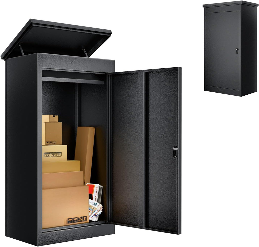 Package Delivery Box for Outside - 20.8 * 16.5 * 41.3IN Lockable Black Metal Parcel Drop Box, Anti-Theft, IPX3 Waterproof, Weather-Resistant Mailbox for Porch, Fence, Curbside (M)