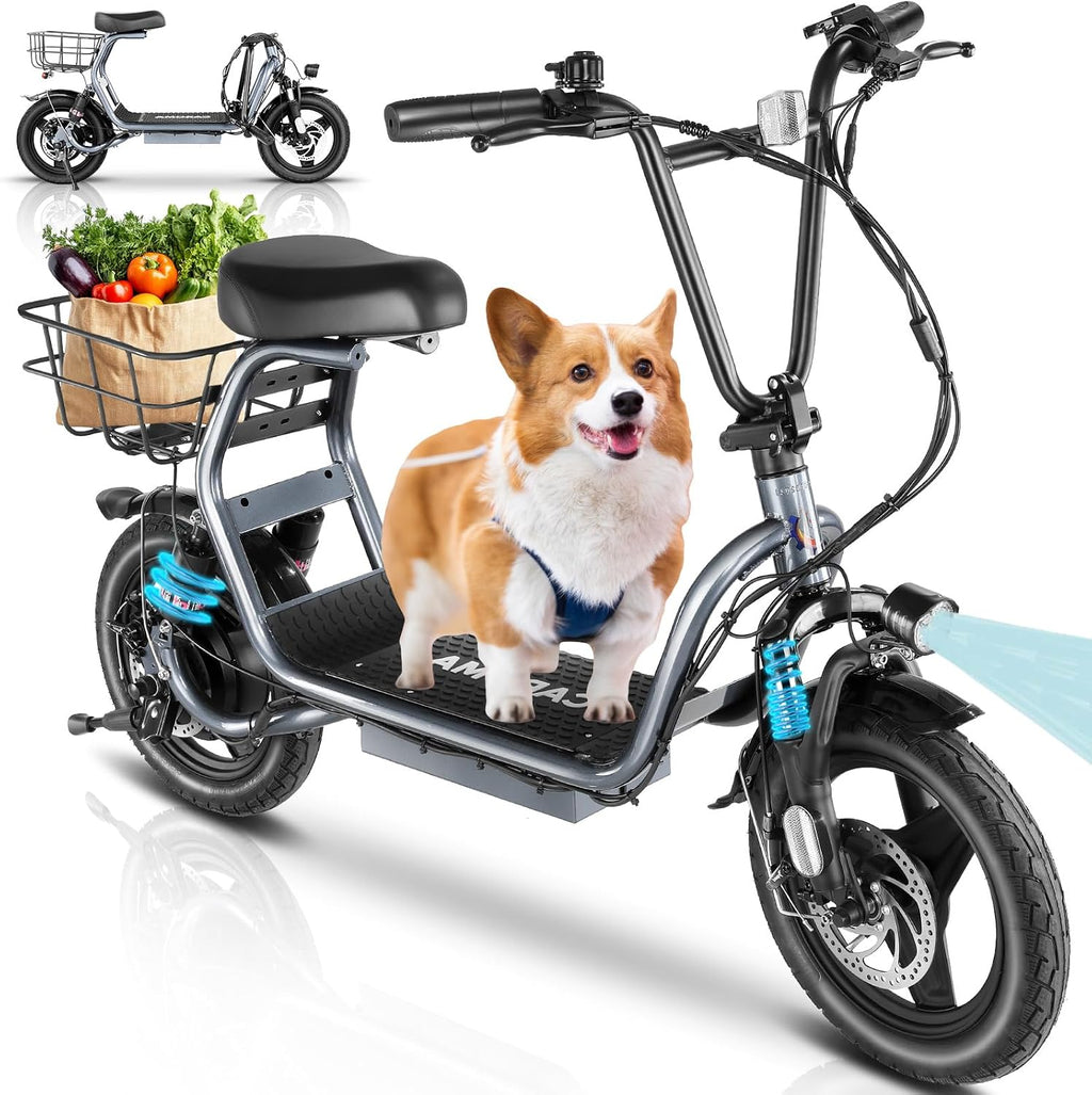 Caroma Peak 800W/1200W Electric Scooter with Seat, Max 20/30Miles&20MPH, 14' Tires Foldable Adult Electric Scooter with Basket for Pets & Cargo, Dual Shock Absorbing EScooter for Commuting