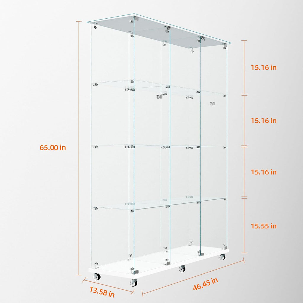 Modern Glass Display Cabinet 12-Shelf with LED Light,Lock and Wheels, 2 Door Curio Cabinets,Tempered Glass Collection Display Showcase for Living Room Home Office,46.8x13.5x64.8 H,White