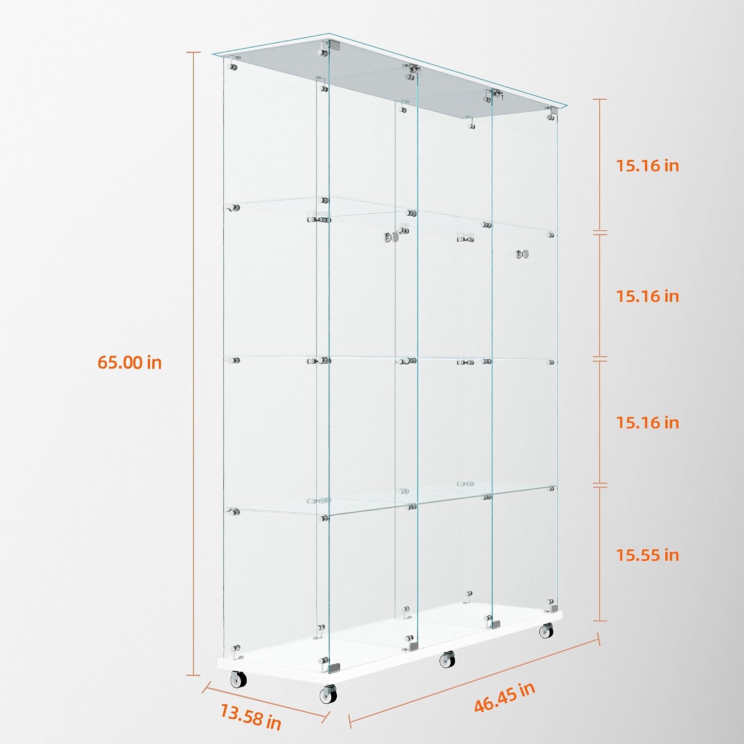 Modern Glass Display Cabinet 12-Shelf with LED Light,Lock and Wheels, 2 Door Curio Cabinets,Tempered Glass Collection Display Showcase for Living Room Home Office,46.8x13.5x64.8 H,White