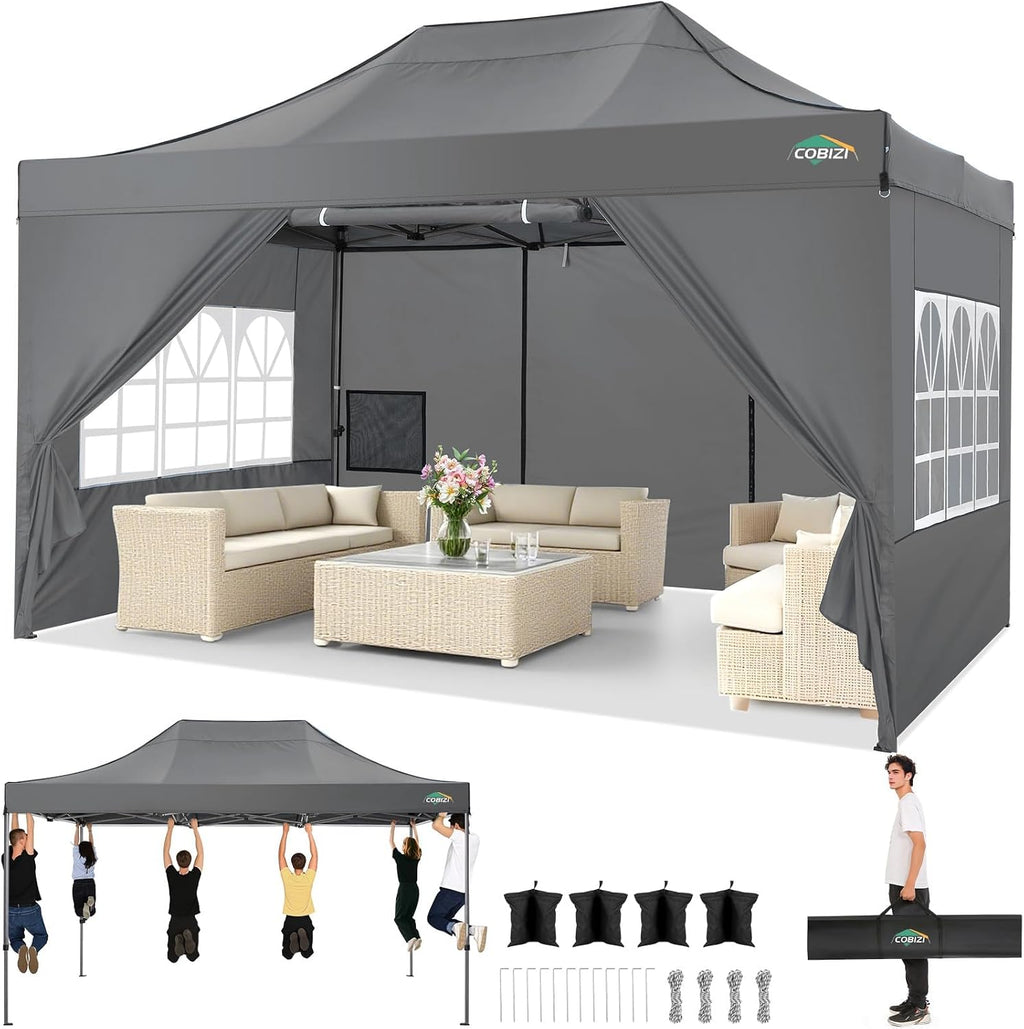 COBIZI 10x15 Pop up Canopy Tent Heavy Duty, Easy Set-up Commercial Outdoor Party Tent, 100% Waterproof Wedding Tents Gazebo, 3 Height Adjustable with Wheeled Bag, Gray