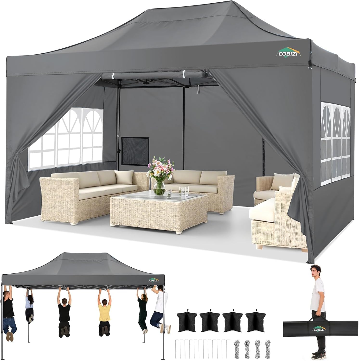 COBIZI 10x15 Pop up Canopy Tent Heavy Duty, Easy Set-up Commercial Outdoor Party Tent, 100% Waterproof Wedding Tents Gazebo, 3 Height Adjustable with Wheeled Bag, Gray