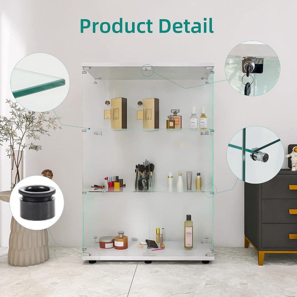 LFT HUIMEI2Y Glass Display Cabinet 3-Shelf with Double Door, Curio Cabinets Fast Installation in 30 Mins, Tempered Glass Floor Standing Bookshelf for Bedroom, Living Room 49.1'x 31.7'x 14.4' White