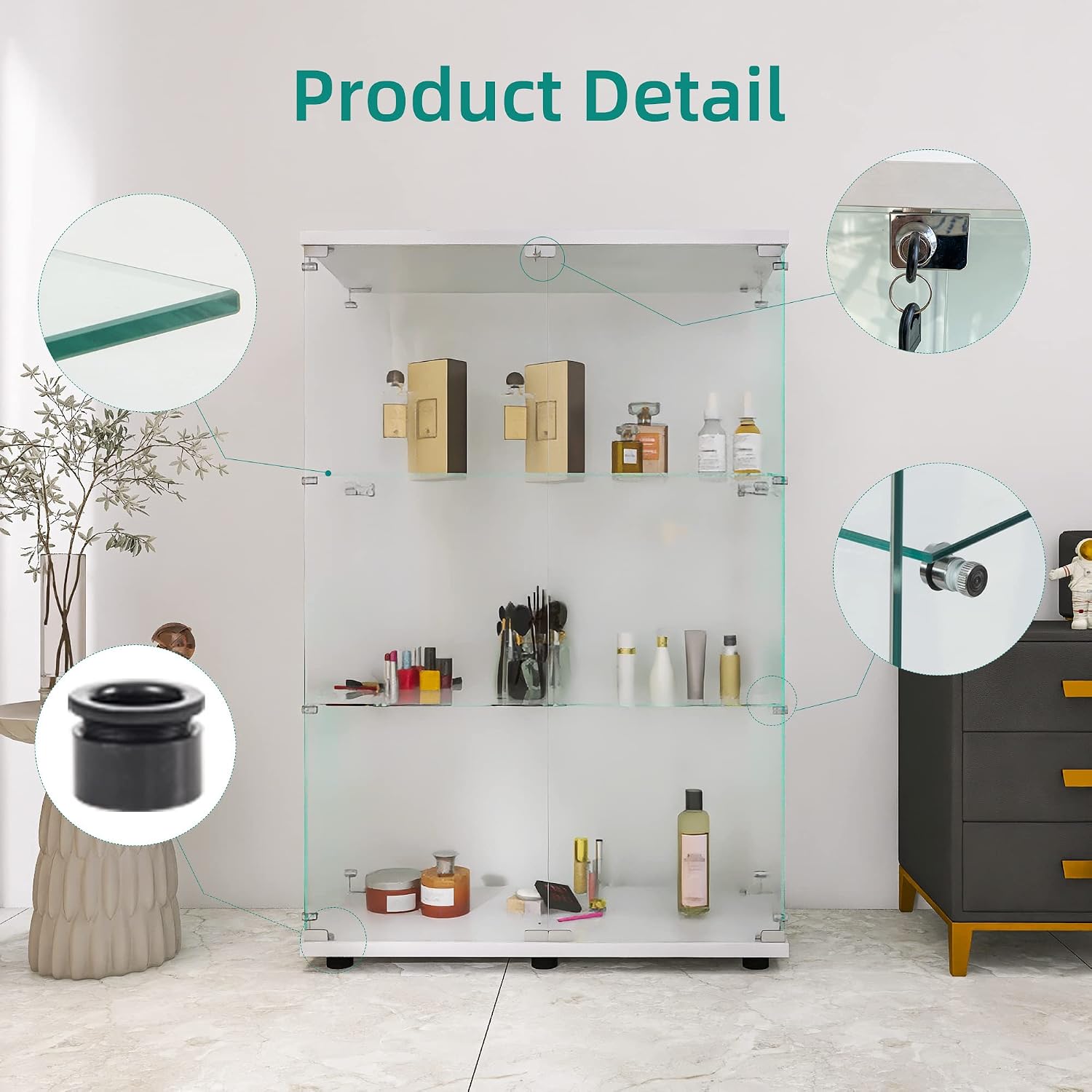 LFT HUIMEI2Y Glass Display Cabinet 3-Shelf with Double Door, Curio Cabinets Fast Installation in 30 Mins, Tempered Glass Floor Standing Bookshelf for Bedroom, Living Room 49.1'x 31.7'x 14.4' White