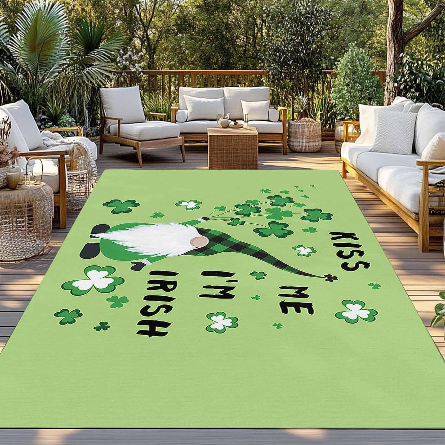 Outdoor Rug 5x8ft Happy St. Patrick's Day Gnome with Lucky Patio Area Rugs Waterproof Easy Cleaning Non Shedding Thick Mats Green Carpet for Indoor Outdoor Porch Deck Backyard Balcony