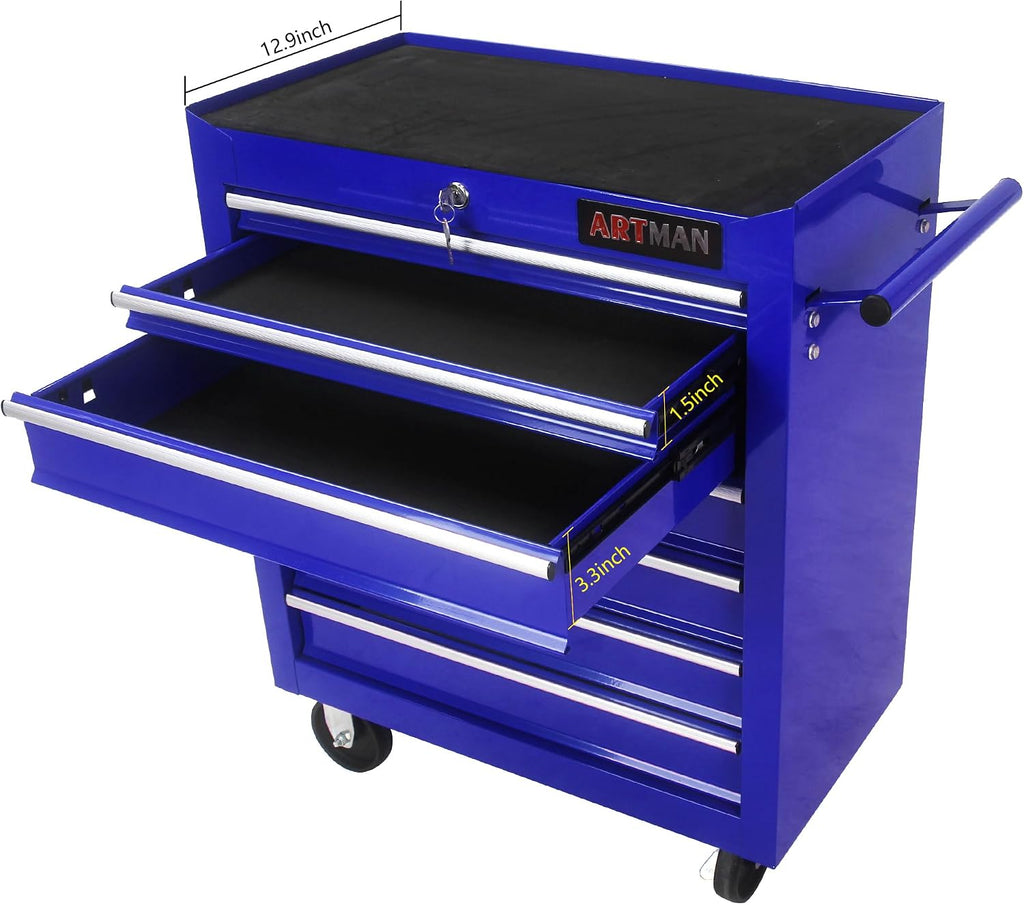 Rolling Tool Cart with 7 Drawers, Lockable Heavy-Duty Steel Tool Cabinet on Wheels, 300 lb Capacity, Ball-Bearing Slides, Powder-Coated Finish, Garage Workshop Tool Storage Blue