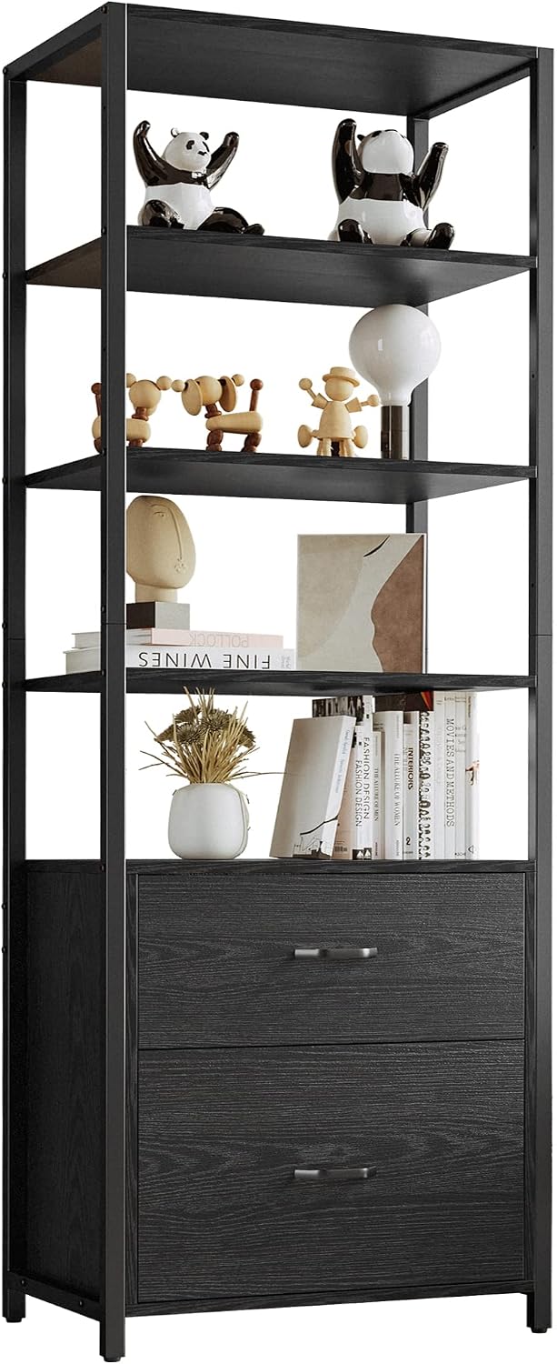 IRONCK Industrial Bookcase with File Cabinet Drawers, 71.6 in Tall Bookshelf 5 Tier, Freestanding Storage Home Office Cabinet Organizer, Rustic Home Decor, Black