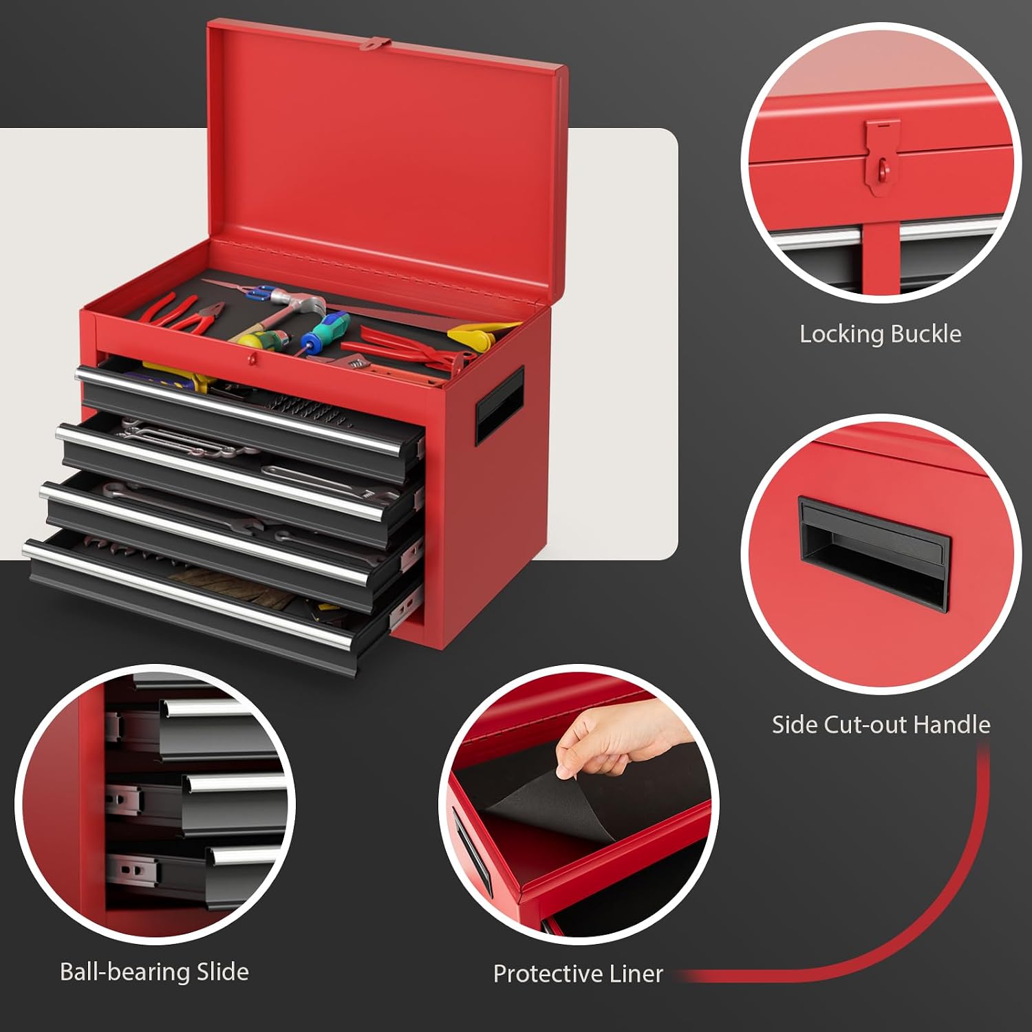 Rolling Tool Chest, 5-Drawer Tool Storage Cabinet with Wheels, Adjustable Shelf & Anti-Slip Liner, Tool Box Organizer for Garage, Warehouse & Workshop (Red+Black)