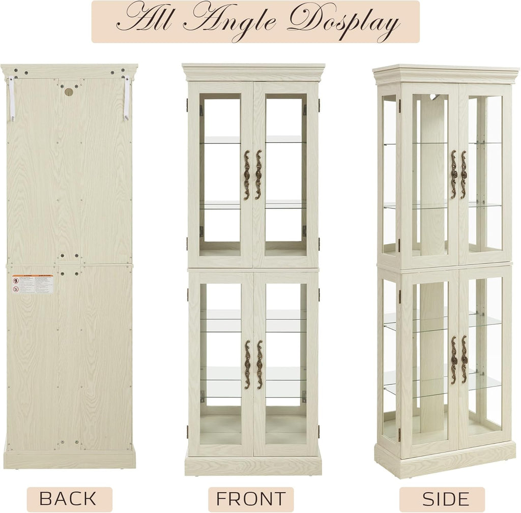 Lighted Curio Cabinet 71' Vintage Glass Display Case with Adjustable Shelves, 4 Tempered Glass Doors, Bulb Included, Wooden Wine Bar China Cabinet for Living Room Liquor Storage (Antique White)