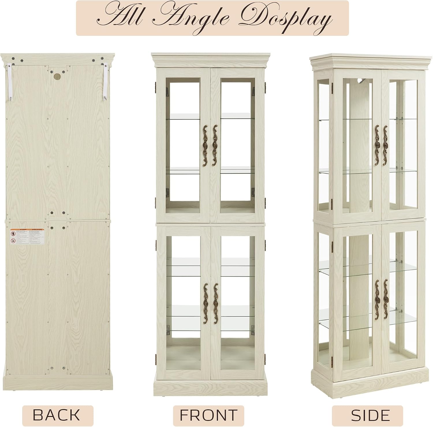 71' Lighted Curio Cabinet with 6 Adjustable Shelves, Vintage Glass Display Case, Tempered Glass Doors, Tall Wine Bar Cabinet for Living Room Liquor Storage, Bulb Included