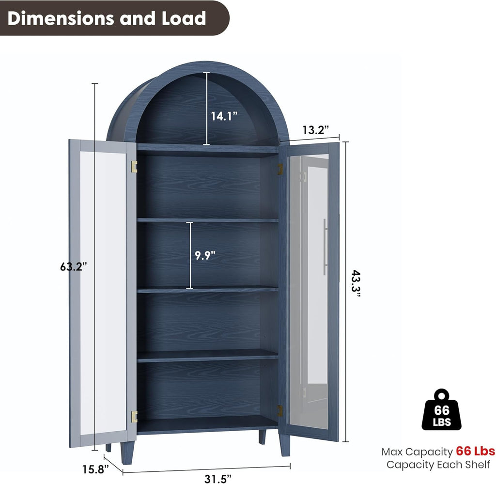 IDEALHOUSE Arched Kitchen Pantry Storage Cabinet - Farmhouse 5-Tier Display Shelf with 2 Large Glass Doors and Adjustable Shelf, Versatile Cupboard for Kitchen, Dining Room, Living Room, Night Blue