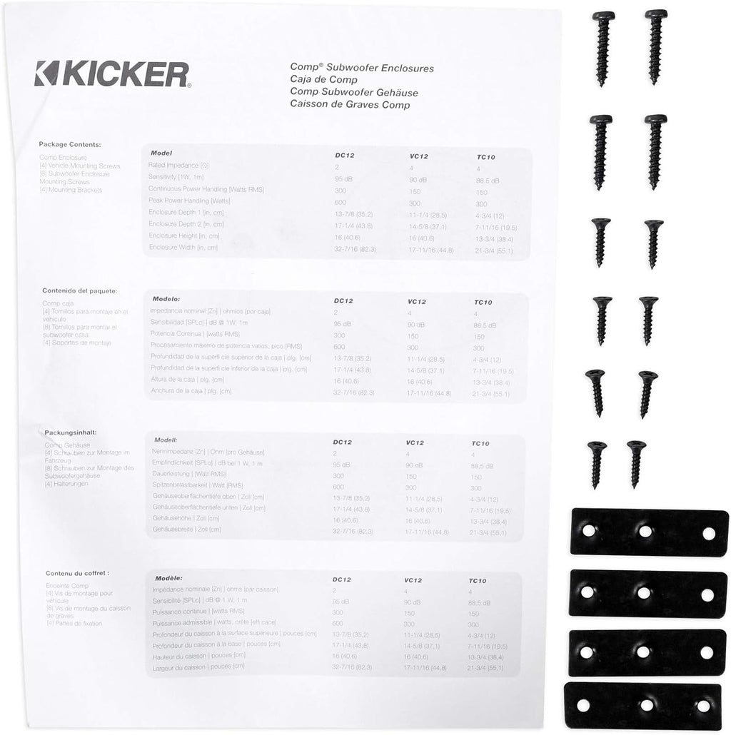 Kicker 43DC122 Comp Dual 12' Subwoofers in Vented Sub Box Enclosure, 2-Ohm Bundle with Rockville dB11 1400W Peak Mono 2-Ohm Car Amp and Bass Remote and RWK81 8 Gauge Amp Installation Kit