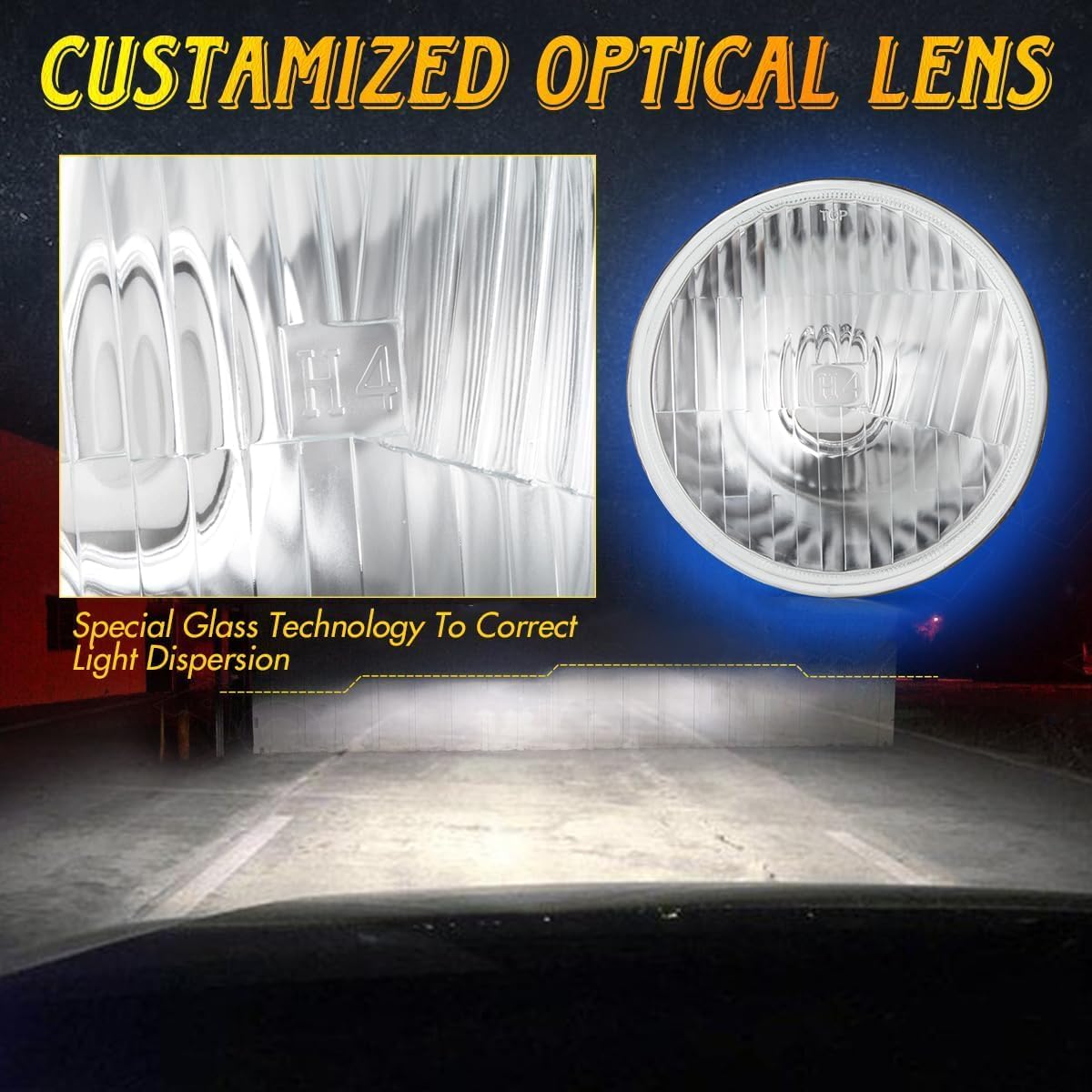 5.75 inch H5006 H5001 Glass Round Headlight Housing + H4/9003 High& Low Beam Bulbs, Compatible with Challenger Gran Torino Oldsmobile Cutlass Plymouth Fury Muscle Cars Trucks Headlights,4 Set