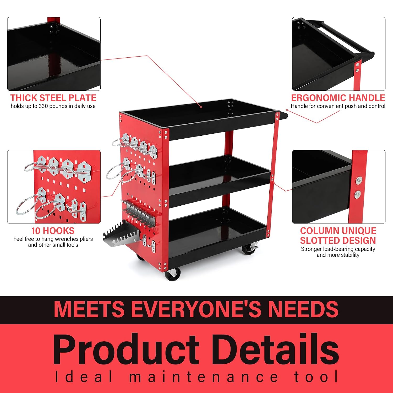 3 Tier Rolling Tool Cart, Mechanic Tool Cart on Wheels, for Garage, Warehouse, Workshop, Tool Room, Red & Black