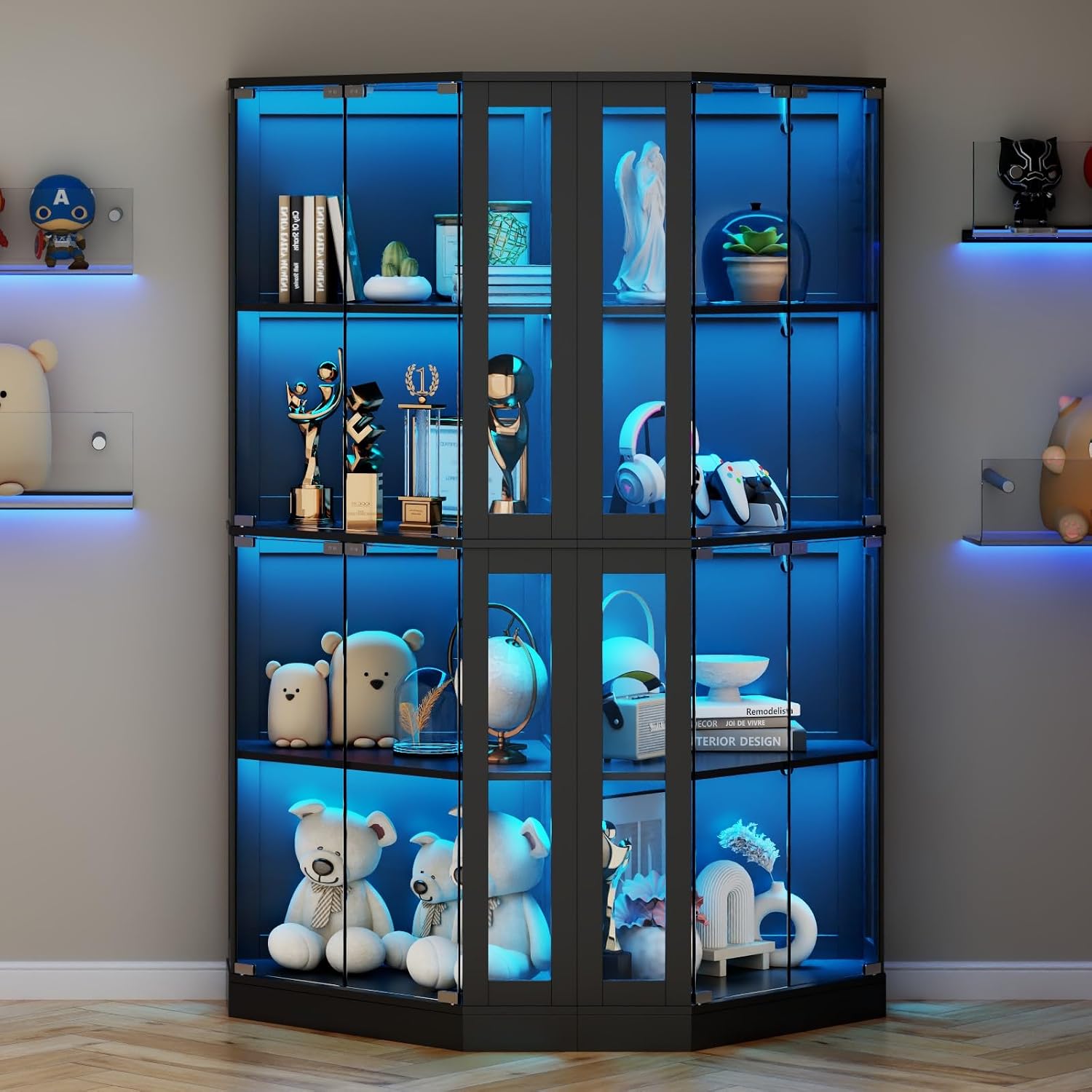 Gyfimoie Corner Display Cabinet with Multi-Color LED Lights, Modern Curio Cabinet with Glass Doors, 4 Tier Glass Display Case for Toys, Books & Other Collectibles