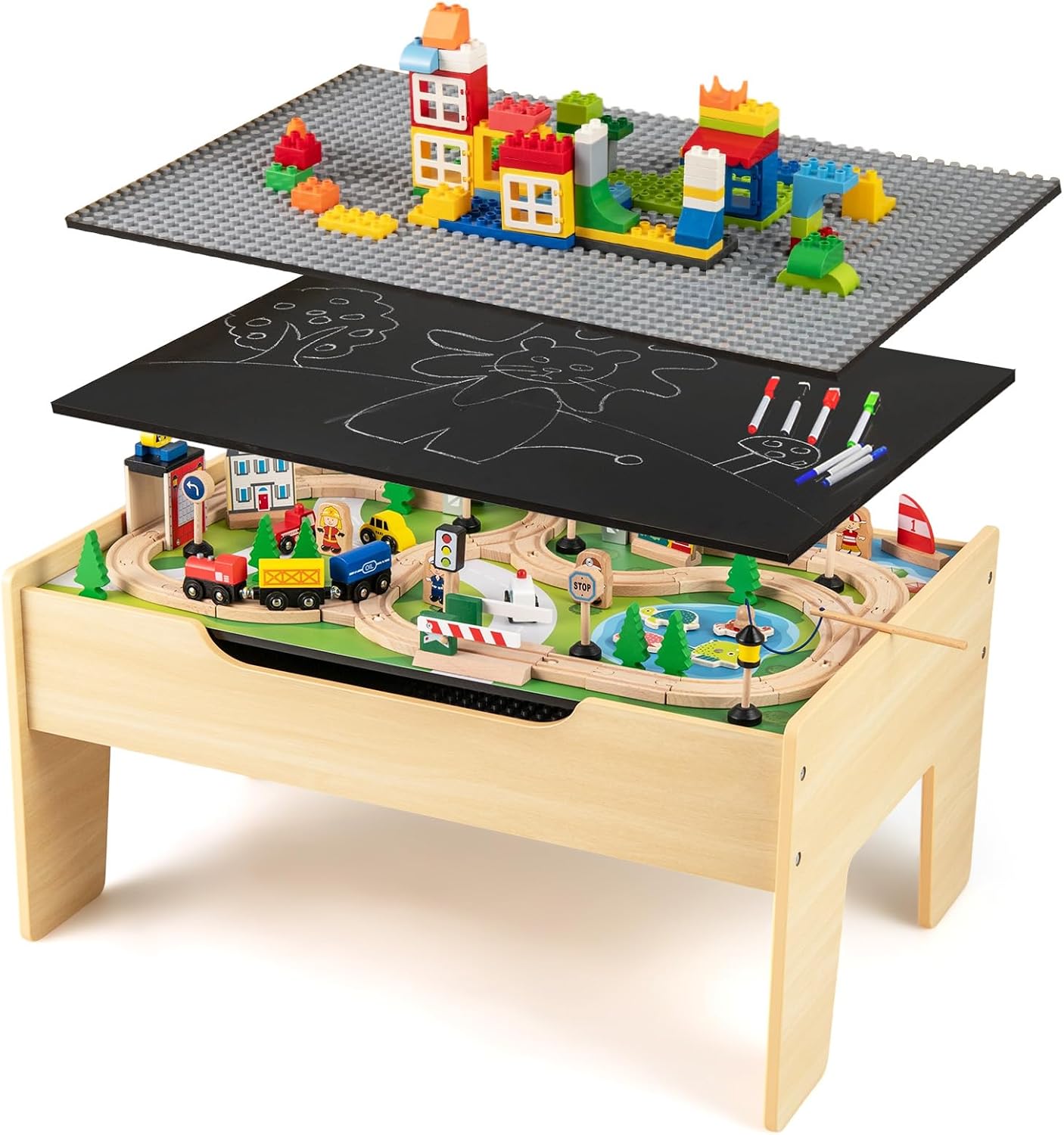 INFANS Train Table with Storage, 78 Pieces Wooden Kids Activity Toy Table Playset with Reversible Detachable Tabletop, Tracks, Train, Railway, City, Gift for Toddler Boys Girls Ages 3+