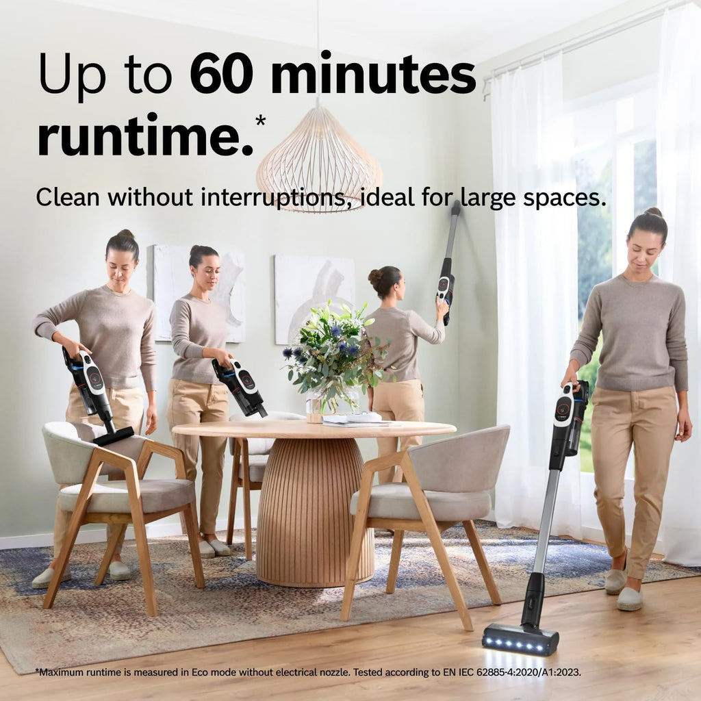 Bosch Unlimited 9 Cordless Stick Vacuum Cleaner - Up to 60 Min Battery, Multi-Surface, Vacuums Pet Hair, Hard Floors and Carpets, HEPA Filter, MicroClean Brush, 3 Accessories, White