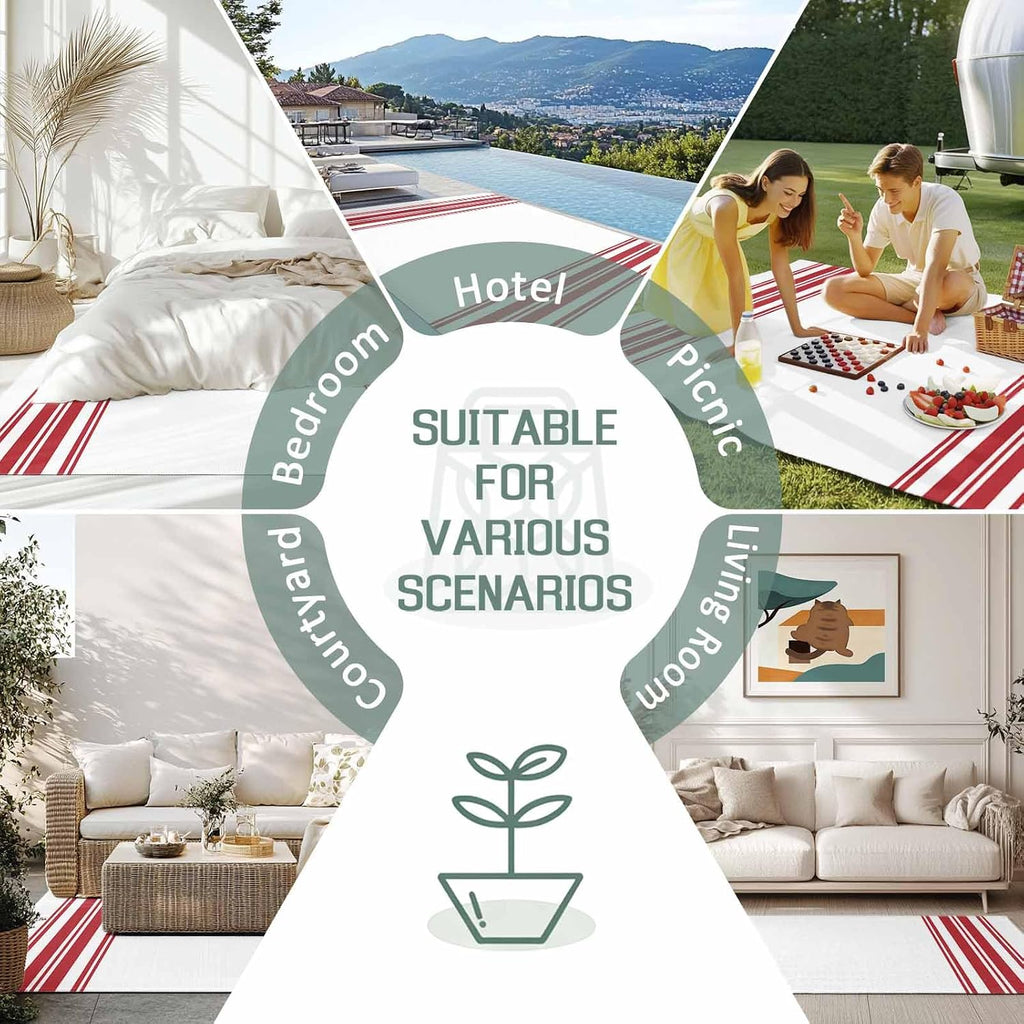 Outdoor Rug 4x6ft Farmhouse Red Stripes Patio Area Rugs Waterproof Easy Cleaning Non Shedding Thick Mats White Carpet for Indoor Outdoor Porch Deck Backyard Balcony