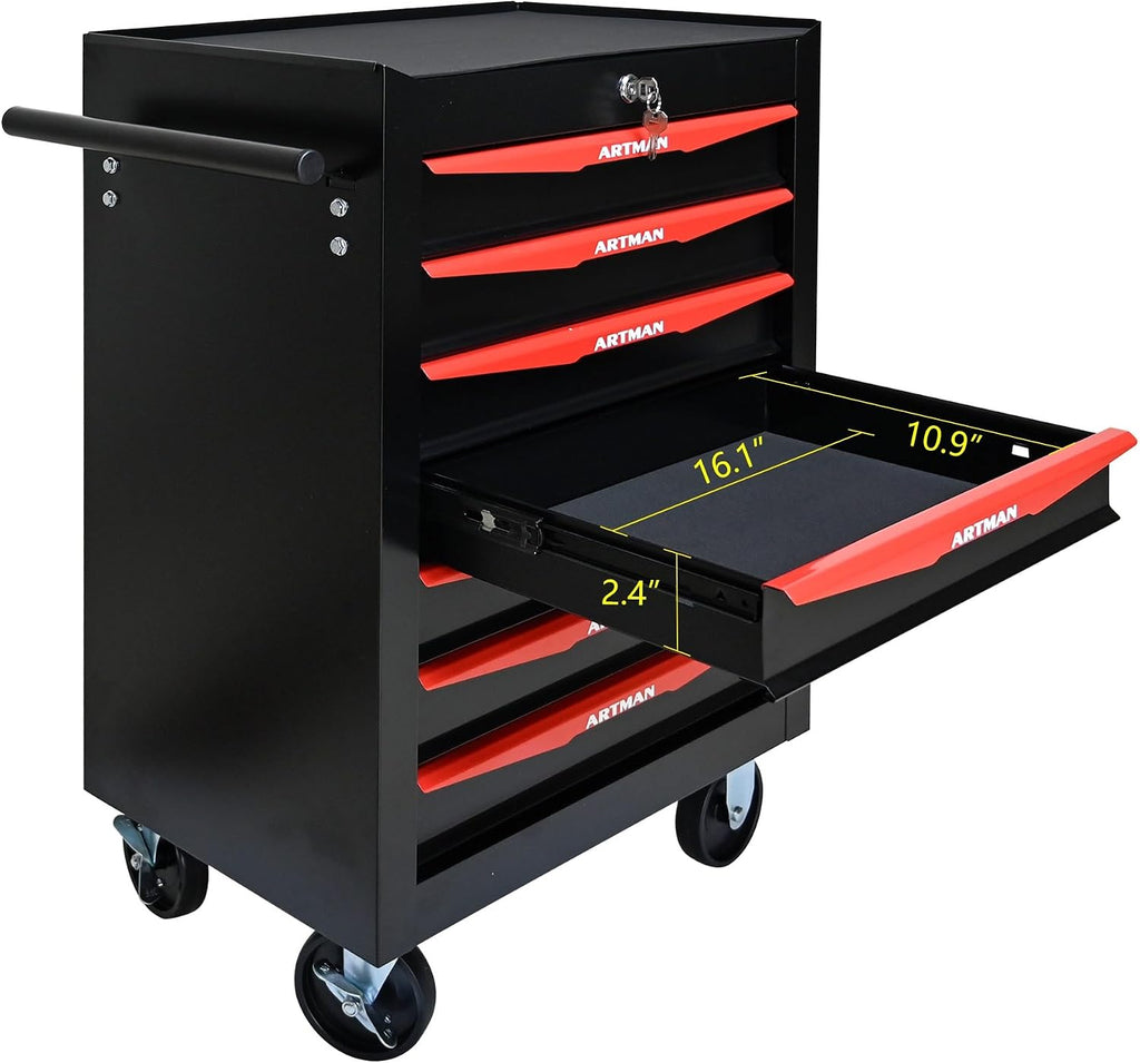 Rolling Metal Tool Chest with 7 Drawers – 20' Steel Tool Storage Box Organizer with Ball Bearing Slides & Lockable Mobile Cabinet on Wheels(Black+Red)