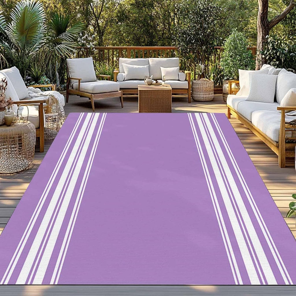 Outdoor Rug 4x6ft Pastoral Country Style White Stripes Patio Area Rugs Waterproof Easy Cleaning Non Shedding Thick Mats Purple Carpet for Indoor Outdoor Porch Deck Backyard Balcony
