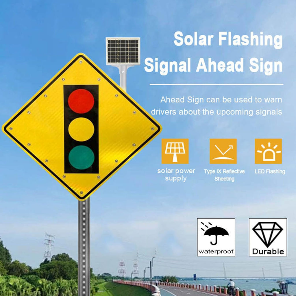 24' Solar Power Traffic Light Ahead Sign, LED Reflective Film Crossing Signals with Accessories, Aluminum Traffic Control Signboards