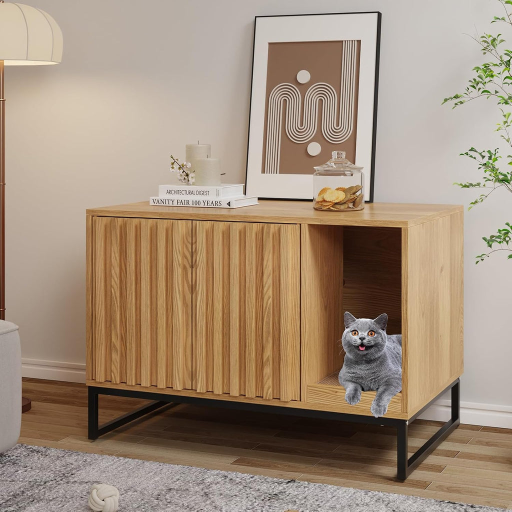 Halitaa Litter Box Enclosure, Modern Cat Litter Box Enclosure Furniture Hidden Litter Box with Scratch Pad, Cat Washroom House End Table, Entryway Bench for Livingroom (Natural)