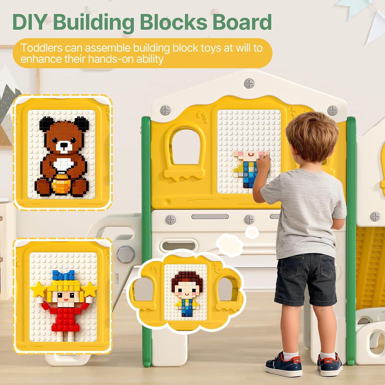 BIERUM 9 in 1 Toddler Slide Set - Baby Slide for Toddlers 1-3 with Colorful Lights, Drawing Board and Building Blocks Board, Indoor Outdoor Toddler Playset Playground, Green Yellow