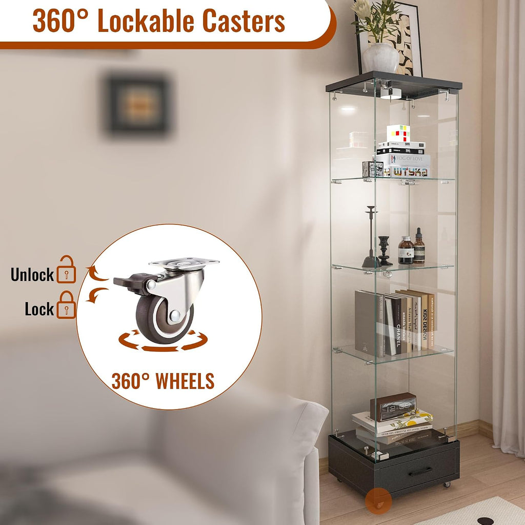 Modern Glass Display Cabinet with LED Light 4-Shelf Curio Cabinets with Storage Drawer and Wheels,Tempered Glass Display Shelf Bookcase for Living Room Home Office