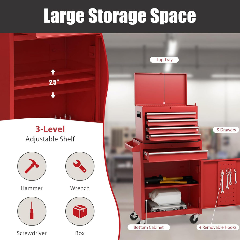 Rolling Tool Chest, 5-Drawer Tool Storage Cabinet with Wheels, Adjustable Shelf & Anti-Slip Liner, Tool Box Organizer for Garage, Warehouse & Workshop (Red)