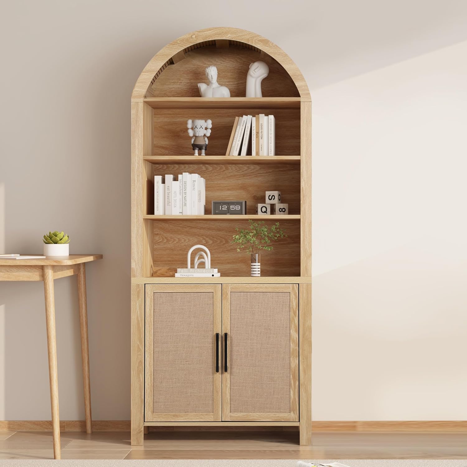 Janmer Home 71' Tall Arched Bookcase with Storage, Mid-Century Modern 6-Tier Curved Cabinet with Door, Arched Bookshelf Cabinet with Open Display Storage Shelf for Office Living Room (Natural)