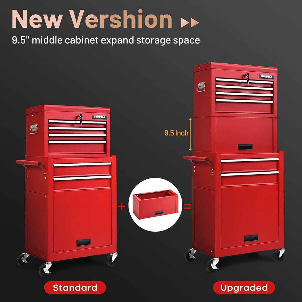 ERGOMASTER 6-Drawers Tool Chest, High Capacity Tool Storage Cabinet with Wheels and Locking System, Removable Tool-Box Bench for Garage -Upgrade 6 & Red