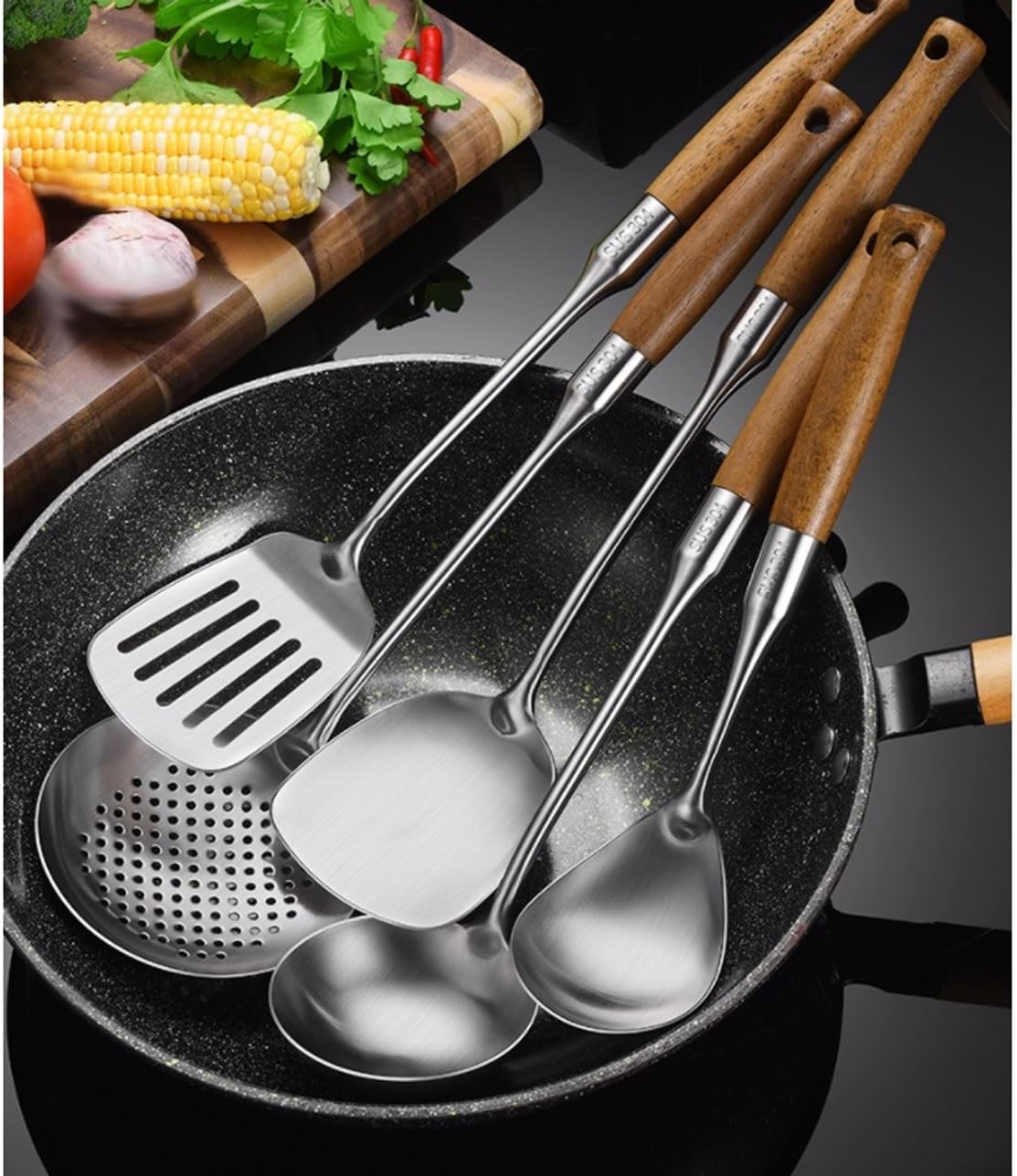 Stainless Steel Cooking Utensils Spoons Spatulas Kitchen Cookware Bakeware Gadgets Tools 5 Pieces Sets
