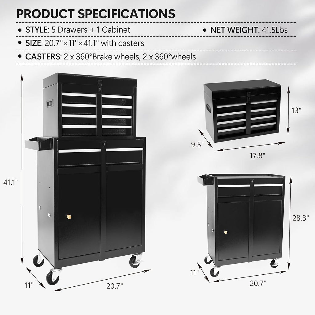 Rolling Garage Workshop Organizer Detachable 5 Drawer Tool Chest with Large Storage Cabinet and Adjustable Shelf, Black