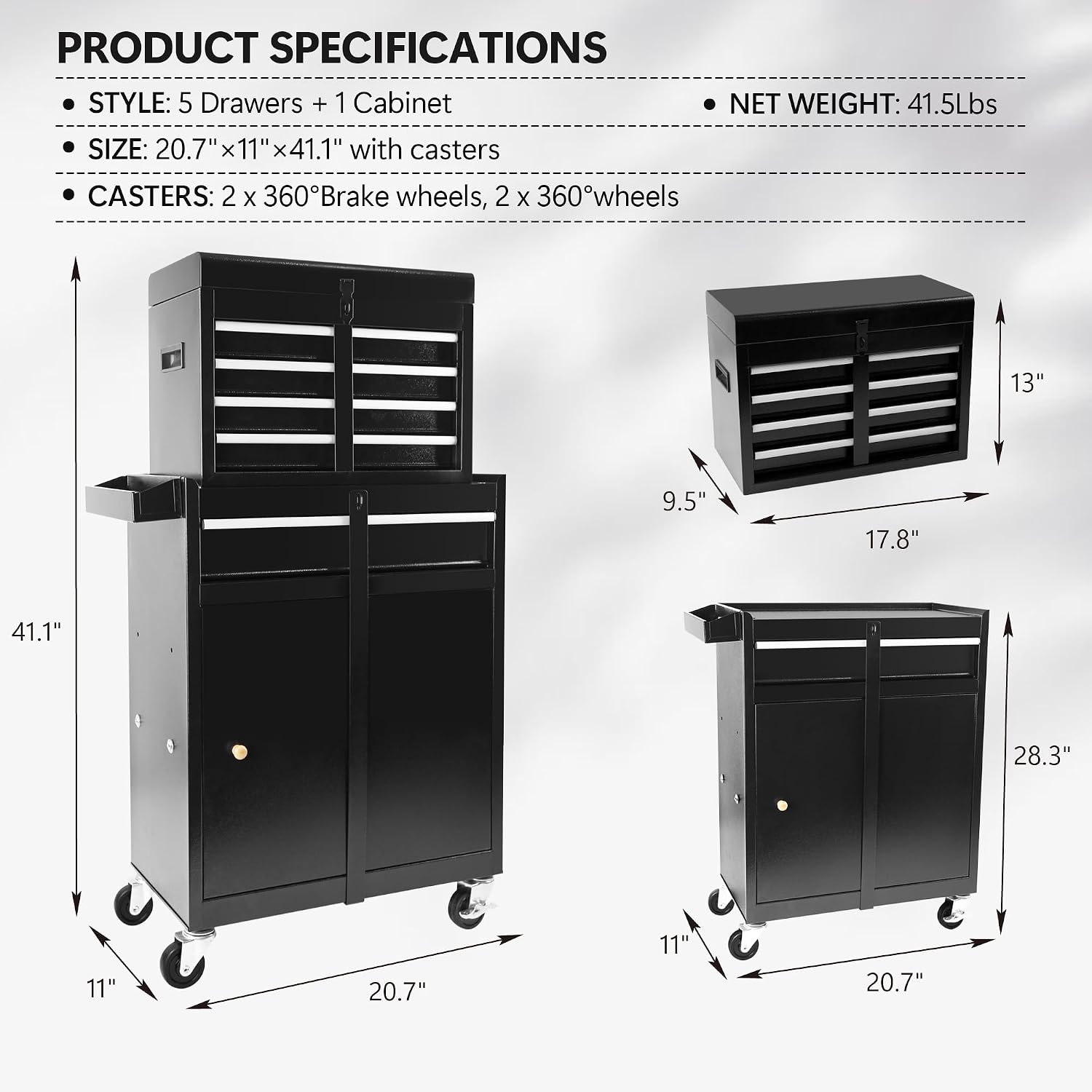 Rolling Garage Workshop Organizer Detachable 5 Drawer Tool Chest with Large Storage Cabinet and Adjustable Shelf, Black